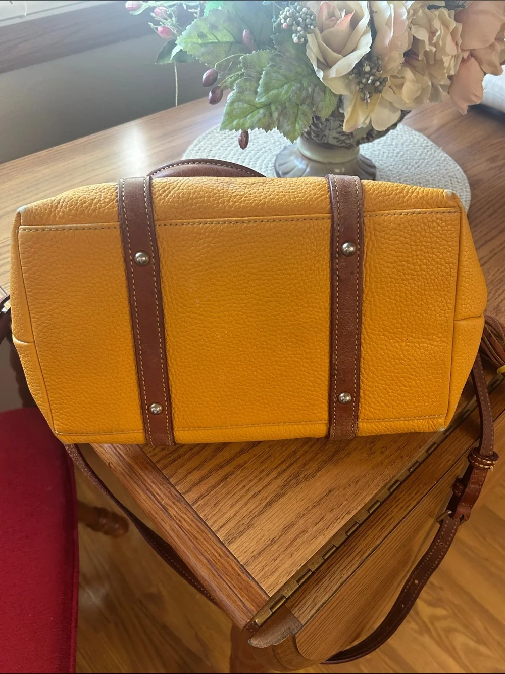 Dooney & Bourke Yellow Leather Satchel with Brown Trim and Strap